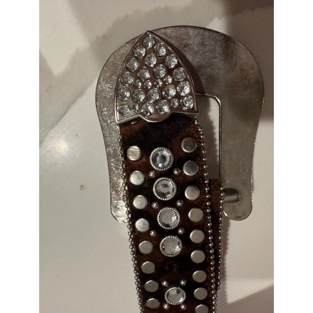 Womens Brown Calf‎ Hair Rhinestone Studded Western Belt Silver Buckle Size S
